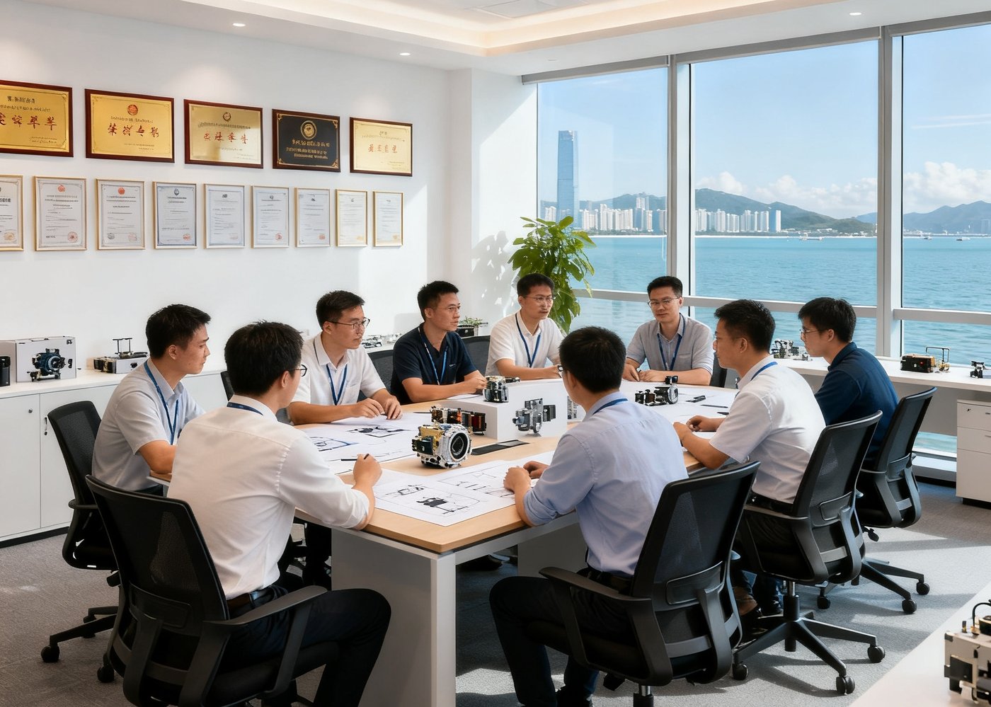 威廉希尔深圳总部办公区，开放式空间中数十名工程师围坐在会议桌旁讨论产品方案，墙上挂着公司获得的专利证书和荣誉奖牌，窗外可见深圳湾海景。